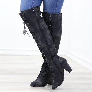 Black Distress Thigh High Over The Knee Block High Heel Boots Laced Up